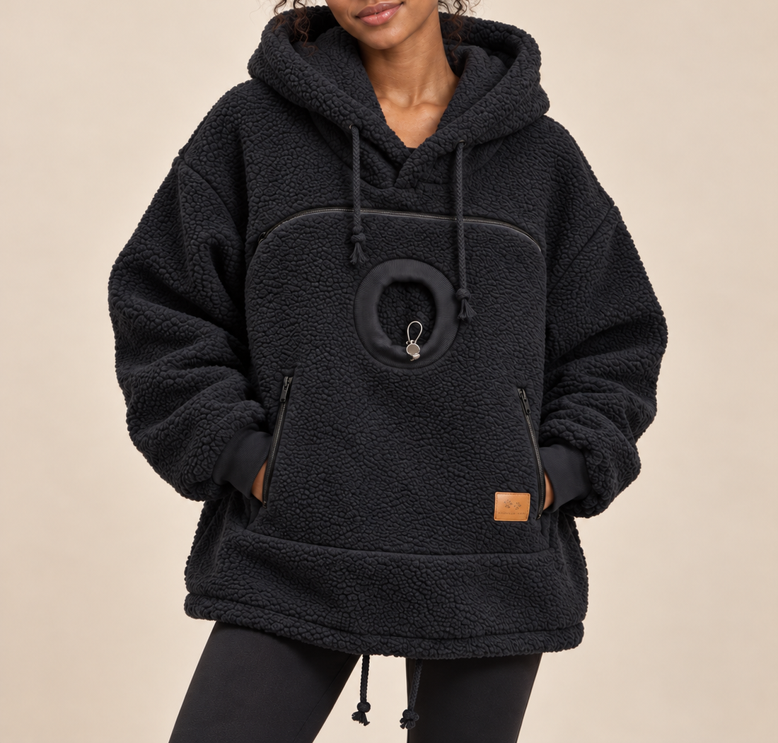 Black PurrPocket cat pouch hoodie in teddy fleece with front pouch and peek-out hole