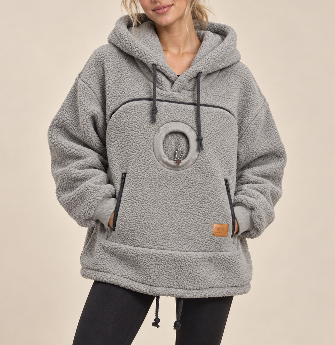 Grey PurrPocket cat pouch hoodie in teddy fleece with front pouch and peek-out hole