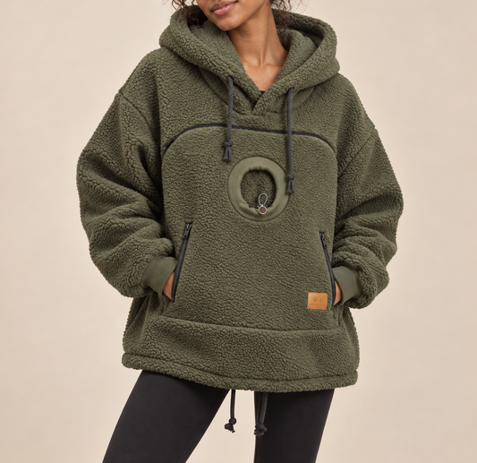 PurrPocket cat pouch hoodie in army green teddy fleece with round peek-out hole on the front pouch